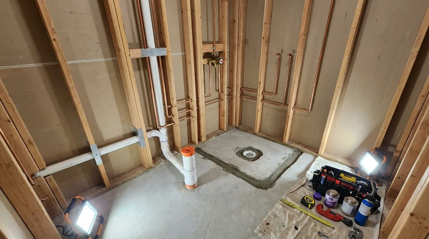 Bathroom rough-in plumbing during remodel by Johns Plumbing LLC in Basehor
