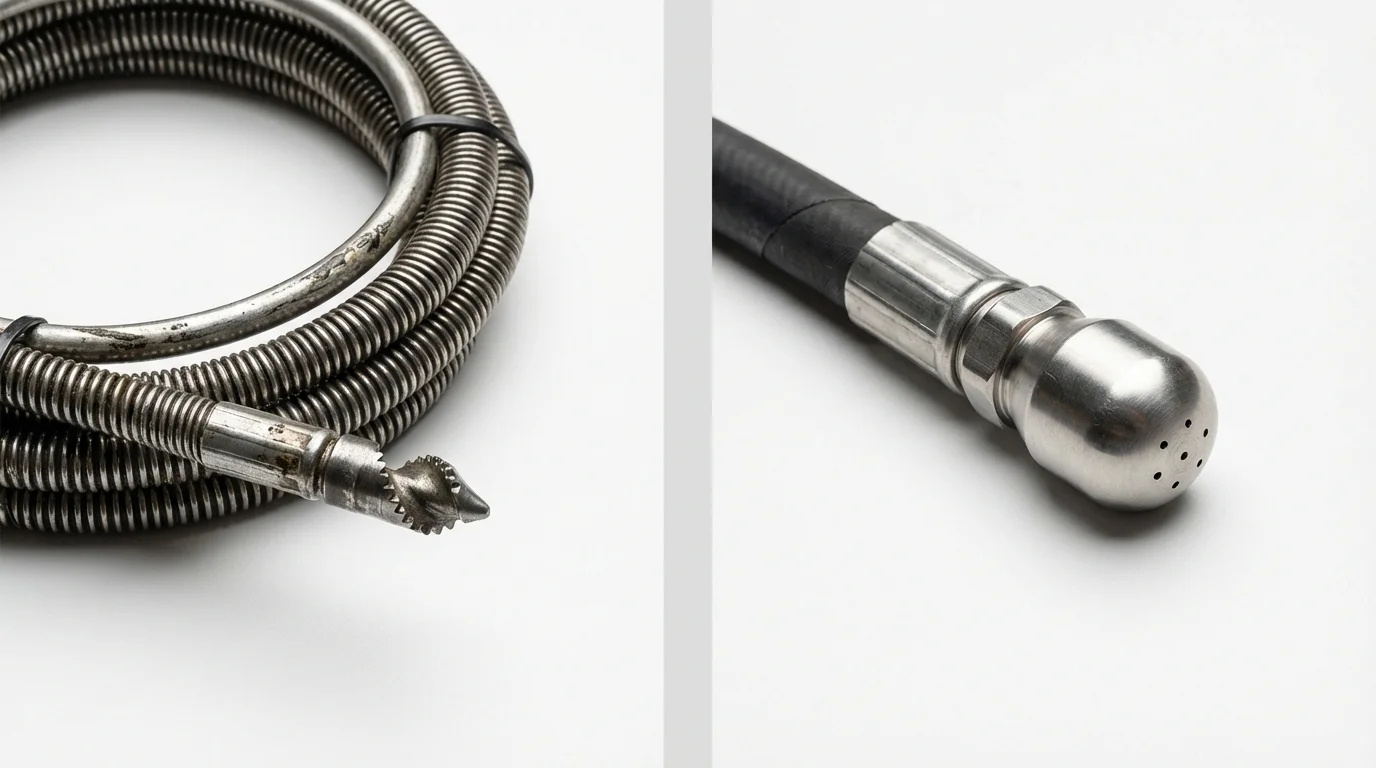 Drain snake cable and hydro jetting nozzle used for drain cleaning in Basehor, KS