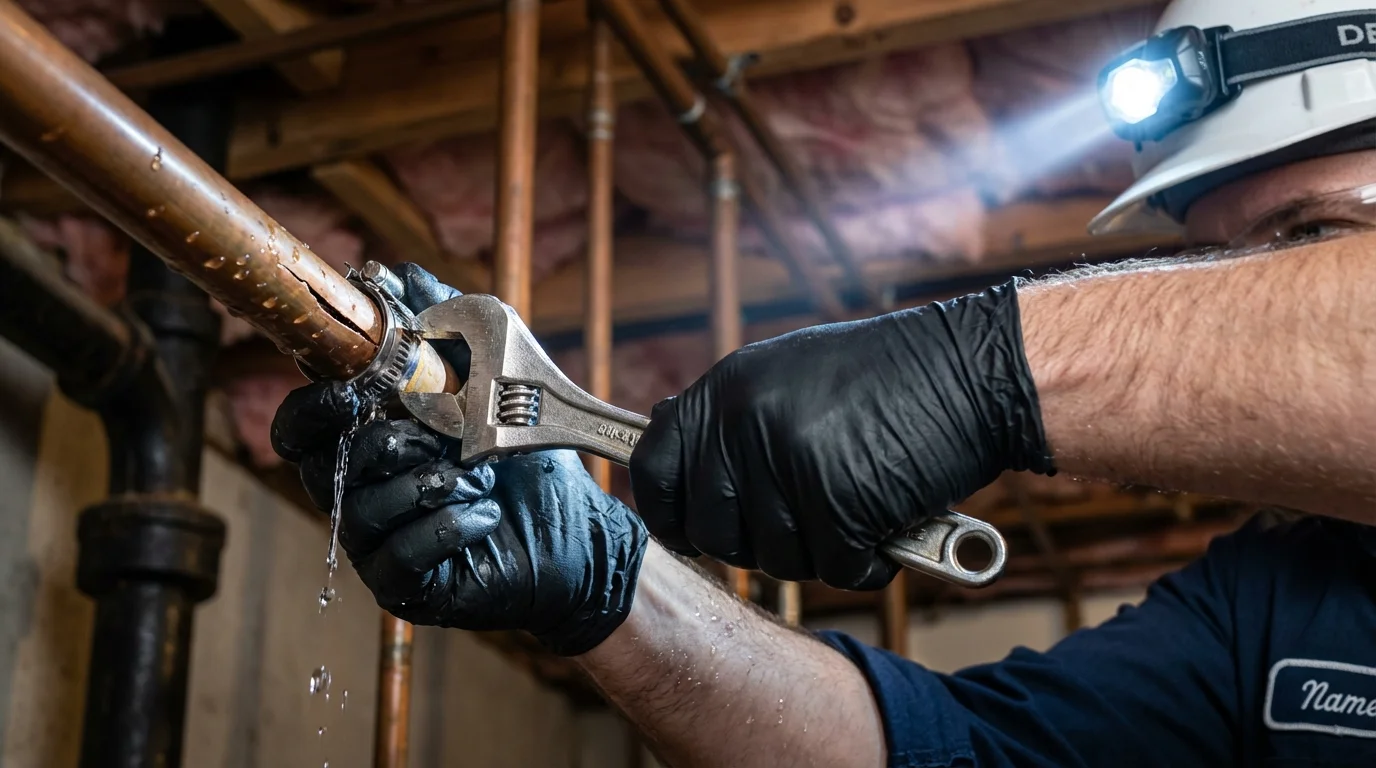 Emergency pipe clamp repair being performed by a Johns Plumbing LLC plumber in Basehor