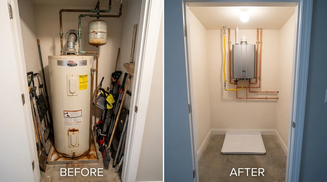 Tank water heater versus wall-mounted tankless unit comparison for Basehor, KS homeowners