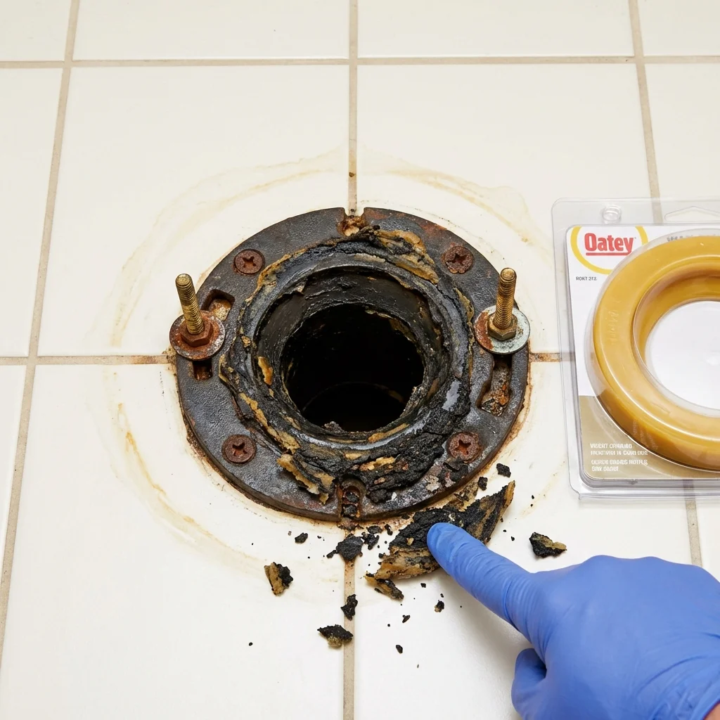 Failed wax ring showing water seepage at the base of a toilet in a Basehor, KS home