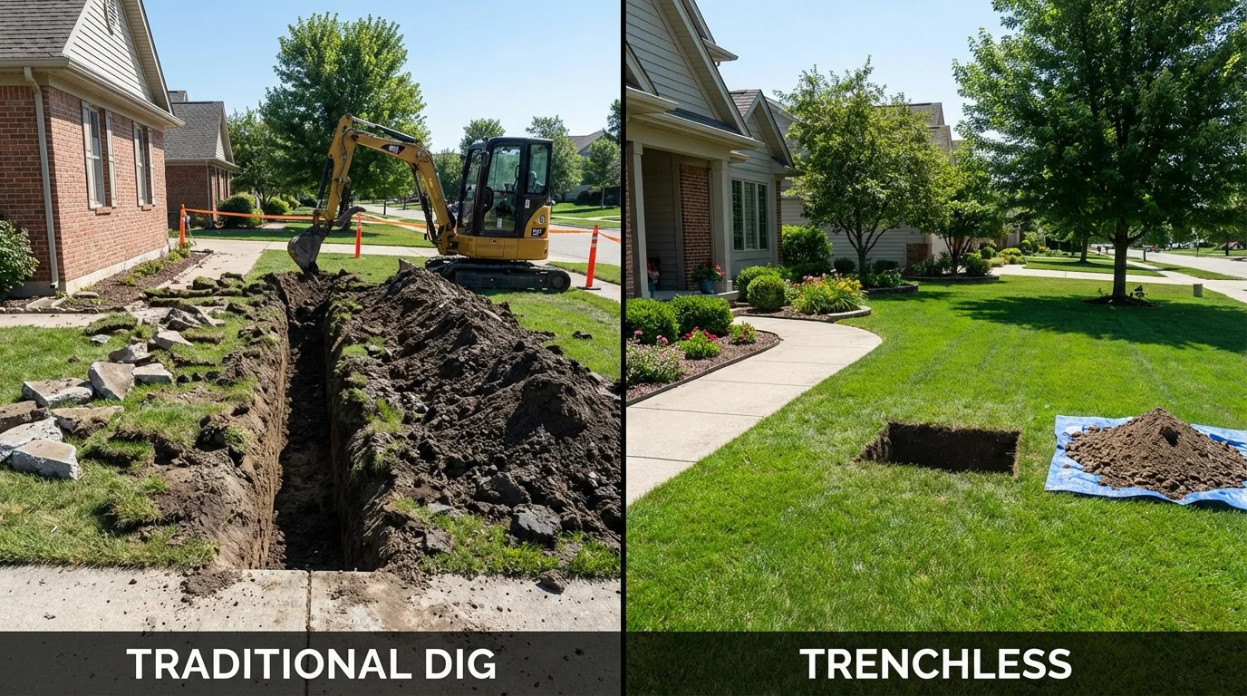 Trenchless sewer repair with minimal yard damage versus traditional excavation in Basehor, KS