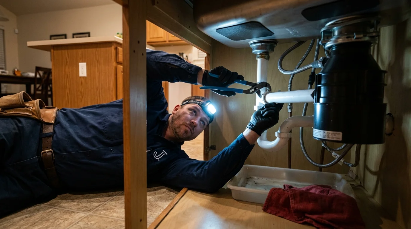 P-trap and supply line connections under a kitchen sink showing a common leak point in Basehor, KS